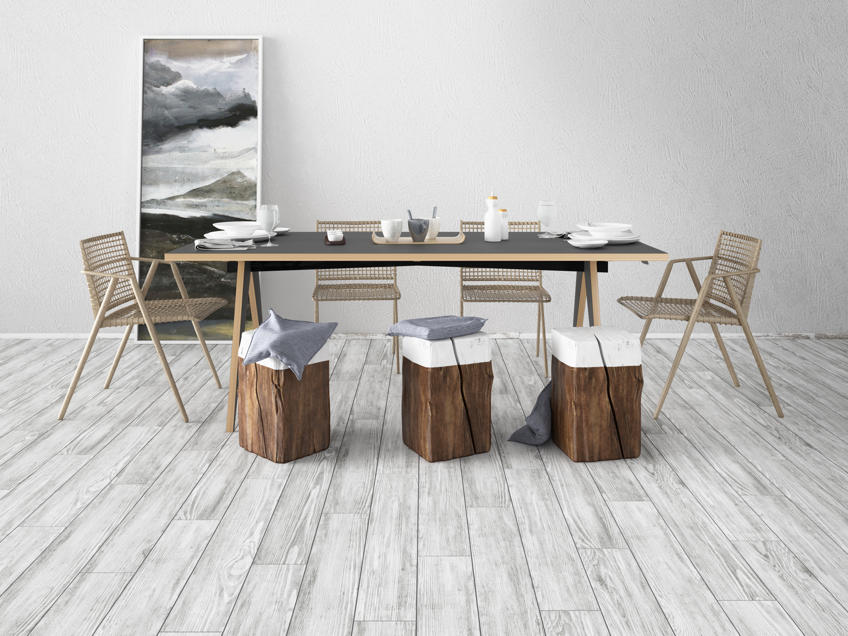Wood-look tile floor in white-washed, light oak color featuring a dining room table, chairs, and wall art