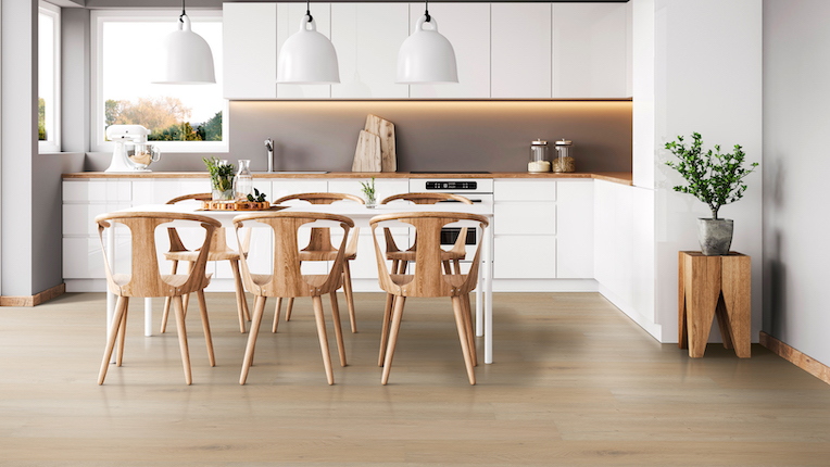 wood look luxury vinyl flooring in a minimalist kitchen